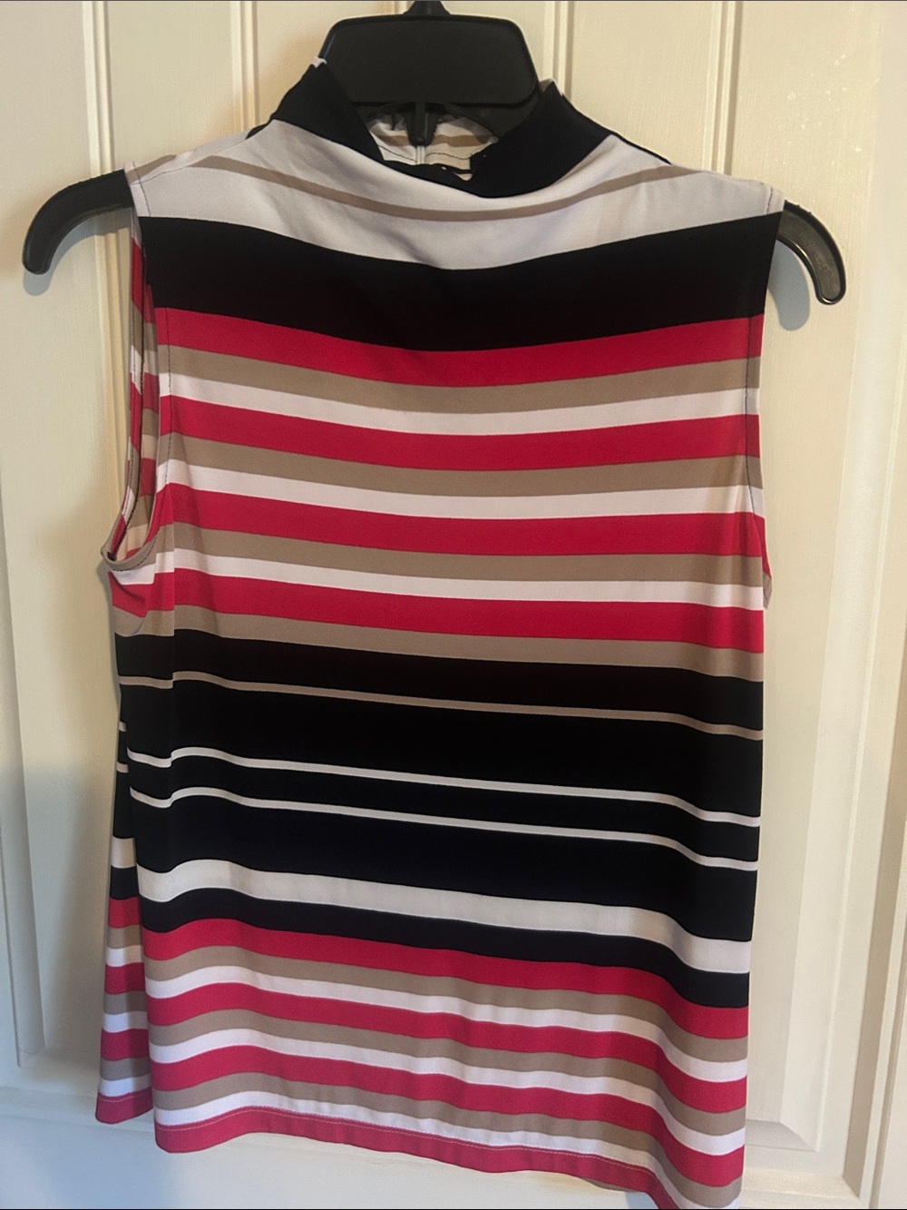 Sleeveless Striped Mock Neck top- Black, White & Pink